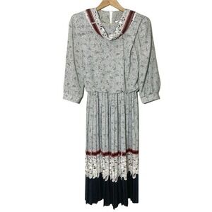 VLP Petites VTG Mix Print Midi Dress SZ 8 Black White Red Shoulder Pads 80's USA